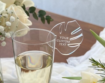 Custom Monstera Style Drink Charm, Wedding Table Place Card, Personalized Acrylic Drink Tag, Champagne and Wine Glass Marker