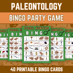 May include: A set of 40 printable bingo cards with a green background and a paleontology theme. The cards feature images of fossils, tools, and other items related to paleontology. The text "Fossil Hunters Bingo" is at the top of each card.