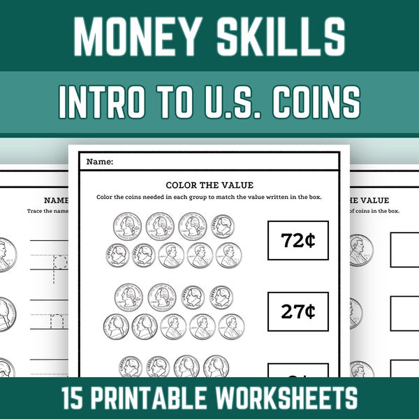 Printable Coin Worksheets, Learn Coins, Count Money, Back to School, Writing Activity, Kindergarten, 1st Grade, 2nd Grade, Instant Download