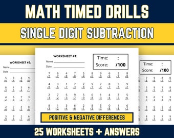 Single Digit Subtraction Worksheets, Advanced Elementary Math Practice, 3rd 4th 5th Grade, Subtracting 0 to 9, Answer Keys, Printable PDF