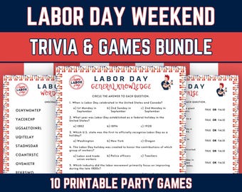 Labor Day Party Pack, Printable Games, Trivia Quizzes, General Knowledge, Word Search Puzzles, Family Activity Bundle, PDF Download