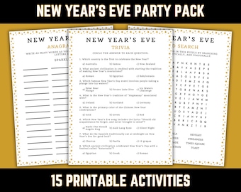 New Year's Eve Party Pack, Printable Games Trivia Word Search Puzzles Quizzes Word Scramble for Adults, 15 Activities, PDF Download