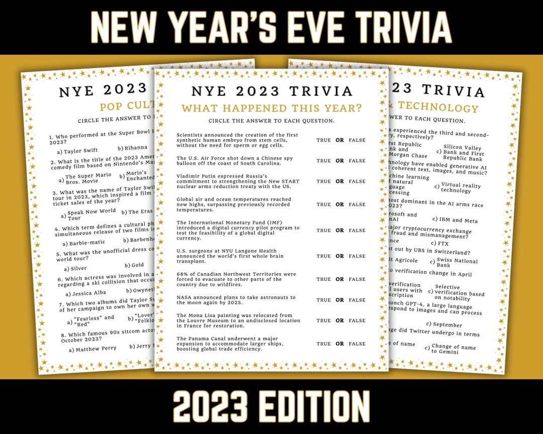 New Year's Eve 2023 Trivia Pack, Printable Games Quizzes Activity Bundle for Adults, 2023 Pop Culture, Technology, Sports, PDF Download