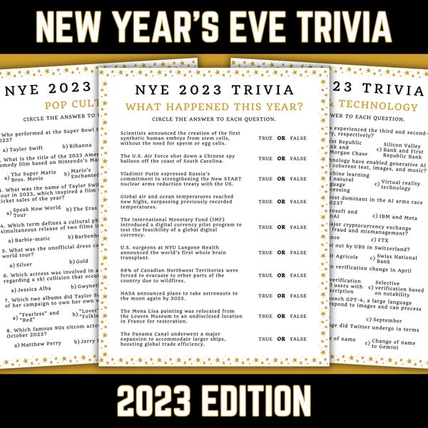 New Year's Eve 2023 Trivia Pack, Printable Games Quizzes Activity Bundle for Adults, 2023 Pop Culture, Technology, Sports, PDF Download