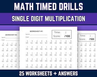 Printable Multiplication Worksheets, Multiplying Single Digits 0 to 9 Timed Drills, 2nd 3rd 4th Grade Math Speed Practice with Answers, PDF