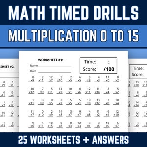 Fogli di lavoro per esercitazioni a tempo con moltiplicazione stampabile, esercitazione sulla moltiplicazione da 0 a 15 con risposte, test di velocità di matematica di 3a, 4a e 5a elementare, download PDF