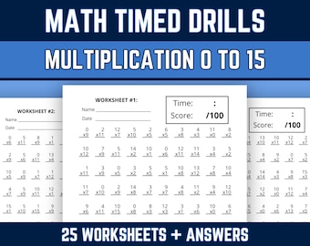 Printable Multiplication Timed Drill Worksheets, Multiplying 0 to 15 Practice with Answers, 3rd 4th 5th Grade Math Speed Test, PDF Download