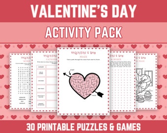 Valentine's Day Trivia Games & Coloring Bundle, Kids Classroom Activity Pack, Printable Party Activities, Word Search Puzzles Quizzes, PDF