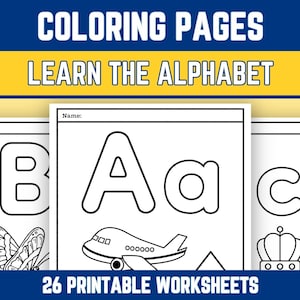 Hojas de trabajo para colorear del alfabeto imprimibles, páginas de actividades de aprendizaje de letras para preescolar y jardín de infantes, reconocimiento de letras por objetos