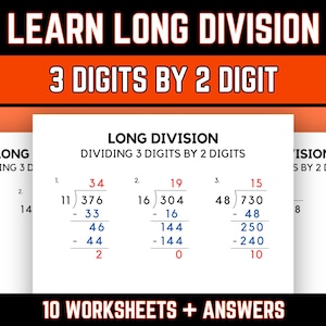 Long Division Practice Worksheets with Answers, 5th Grade Math, Dividing 3 Digit by 2 Digit Numbers, Printable PDF Download