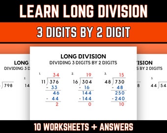 Hojas de trabajo de práctica de división larga con respuestas, matemáticas de quinto grado, división de números de 3 dígitos por 2 dígitos, descarga en PDF imprimible