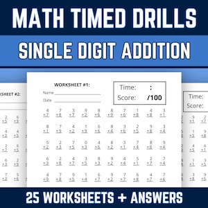 Single Digit Addition Worksheets, Elementary Math Practice, 1st 2nd Grade, Adding 0 to 9 Timed Drills, Answer Keys, Printable PDF
