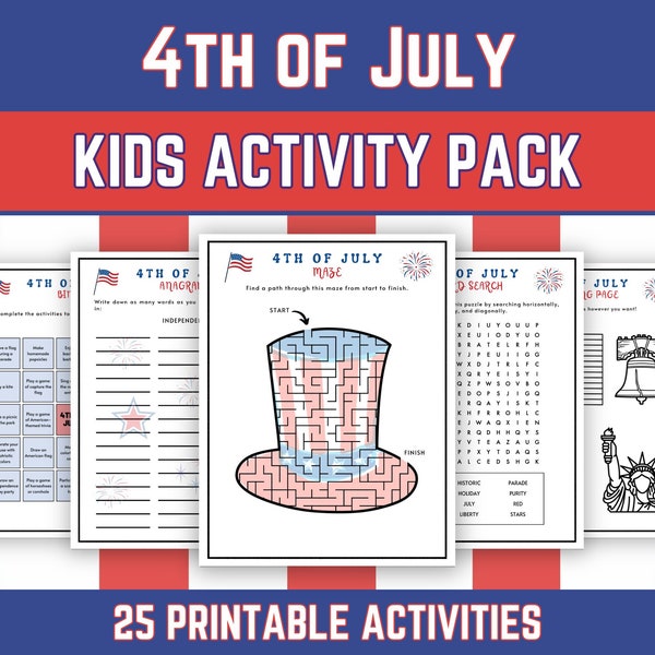 4th of July Independence Day Activity Pack, Printable Party Games, Coloring Puzzles Games Scavenger Hunt Bingo for Kids, PDF Download
