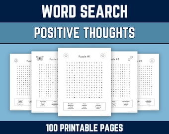 May include: Five printable word search puzzles with the title "Positive Thoughts". Each puzzle features a different design element, including a butterfly, a heart, two hearts, and a flower. The puzzles are black and white.
