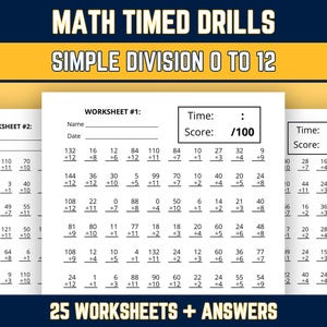 Könnte beinhalten: Ein Set von Mathe-Übungsblättern mit Zeitvorgabe für einfache Division von 0 bis 12. Die Seiten enthalten Spalten mit Divisionsaufgaben, ein Feld für Name und Datum sowie ein Kästchen für Zeit und Punktzahl bis 100. Der Text lautet MATH TIMED DRILLS, SIMPLE DIVISION 0 TO 12, und 25 WORKSHEETS + ANSWERS.