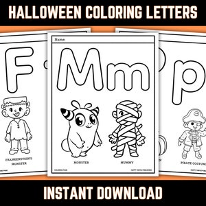 Páginas para colorear del alfabeto de Halloween, aprender letras, reconocer letras, hojas de trabajo imprimibles, preescolar, jardín de infantes