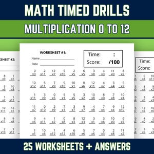 Multiplication Facts 0-12 Worksheets: Timed Math Practice Drills, Grades 3-5, Printable PDF