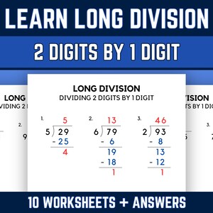 Long Division Practice Worksheets with Answers, 5th Grade Math, Dividing 2 Digit by 1 Digit Numbers, Printable PDF Download