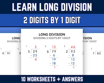 Hojas de trabajo de práctica de división larga con respuestas, matemáticas de quinto grado, división de números de 2 dígitos por 1 dígito, descarga en PDF imprimible