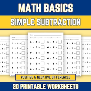 20 Printable Subtraction Worksheets, Fill in the Blank Single Digits 0 to 9 Subtracting Practice, 1st 2nd 3rd Grade, Instant Download