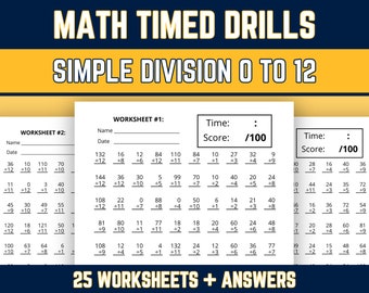 Simple Division Worksheets, Division Facts 0 to 12 Times Table, 3rd 4th 5th Grade, Advanced Elementary Dividing Math Practice, Printable PDF