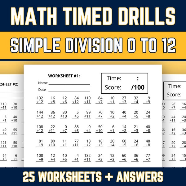 Simple Division Worksheets, Division Facts 0 to 12 Times Table, 3rd 4th 5th Grade, Advanced Elementary Dividing Math Practice, Printable PDF