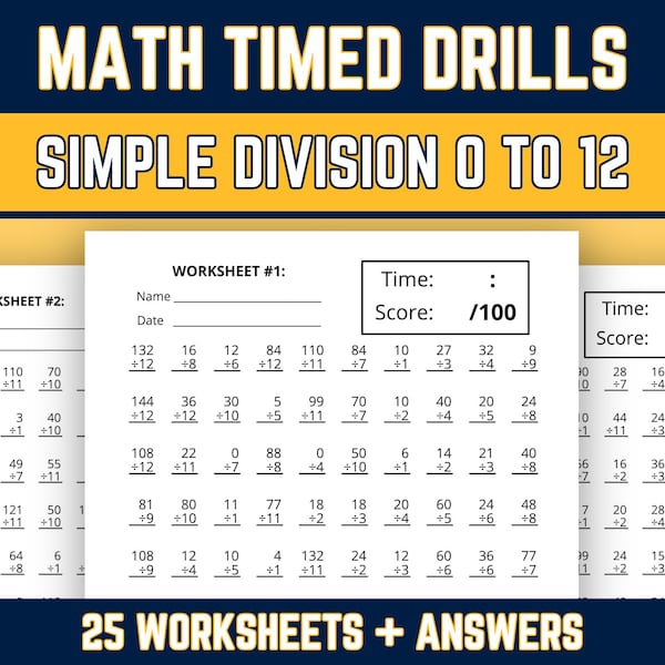 Simple Division Worksheets, Division Facts 0 to 12 Times Table, 3rd 4th 5th Grade, Advanced Elementary Dividing Math Practice, Printable PDF