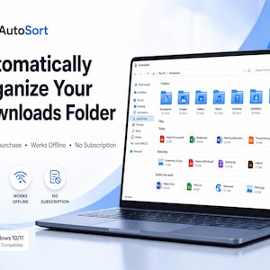 Könnte beinhalten: Ein Laptop mit der AutoSort-Softwareoberfläche, die Dateien in Ordnern organisiert. Der Text lautet: AutoSort, Automatically Organize Your Downloads Folder, One-time purchase, Works Offline, No Subscription, Windows 10/11 64-bit Compatible.
