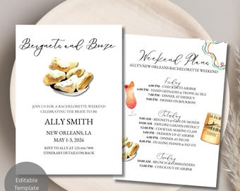 Beignets and Booze Bachelorette Invitation Template, New Orleans Bach Weekend Invite, Editable Canva Invite, NOLA Bachelorette Party Invite
