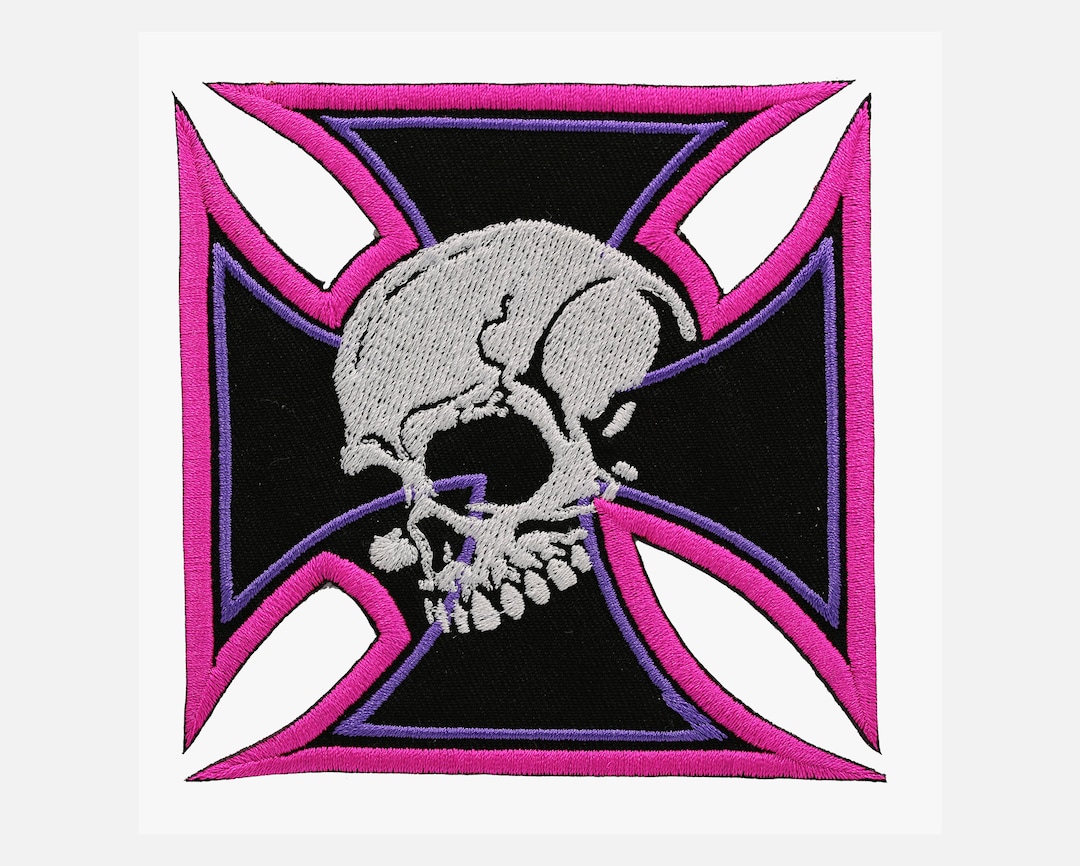 Lady Iron Cross Skull Embroidery Biker Patch Etsy