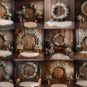 12 White Wooden Room  Floral Ring  Set Backdrops -  Digitally Painted Backgrounds for Photographers