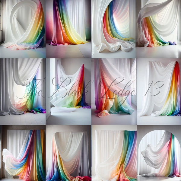 12 Rainbow  Voile Curtain Room Set Backdrops -  Digitally Painted Backgrounds for Photographers