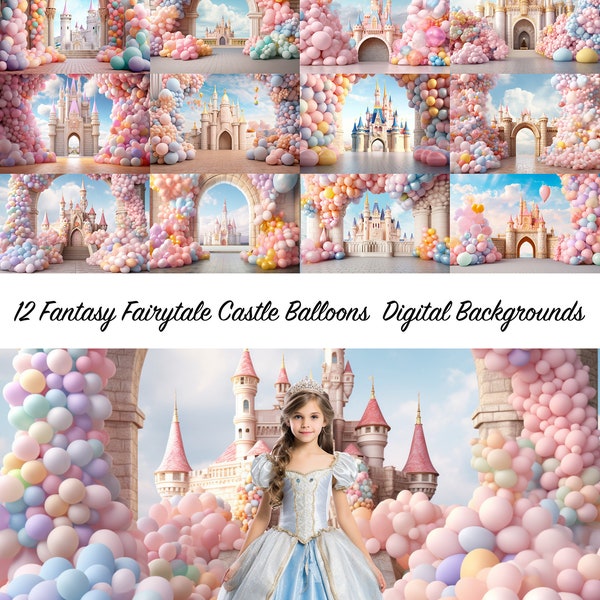 12 sprookjeskasteel- en ballonnenachtergronden - digitaal geschilderde achtergronden voor fotografen