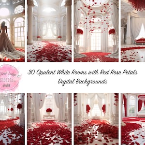 30 White Rooms with Red Rose Petals Digital Backgrounds - Instant Download
