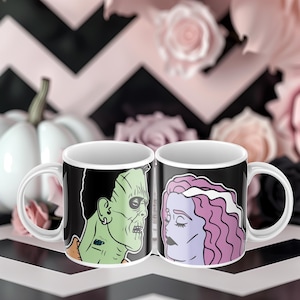 Frankenstein & Bride Cartoon Mug  Vibrant Horror Coffee Cup
