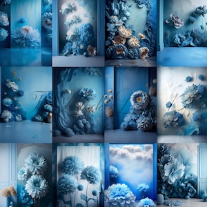 12 Blue Floral Set  Backdrops -  Digitally Painted Backgrounds for Photographers