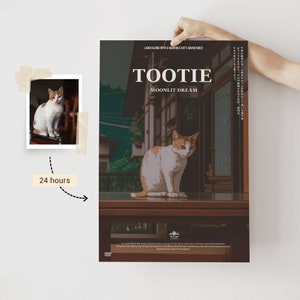 Pôster personalizado com foto do seu gato ou cachorro no estilo anime | Pôster personalizado de filme de anime com animais de estimação em 24 horas!