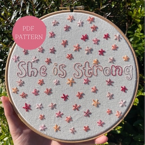 She is Strong peach daisy embroidery pdf pattern
