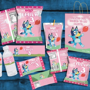 Kit de fiesta de cumpleaños de perro azul para niños, personalizable y editable, etiquetas, envoltorios, suministros para fiestas, recuerdos de fiesta, plantilla para decoración de fiestas imprimible