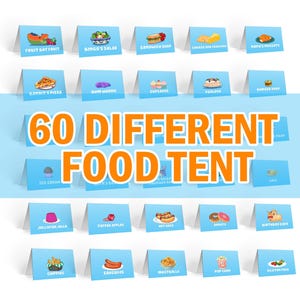 60 différentes tentes de nourriture de fête d'anniversaire bleues, étiquette de nourriture de décoration de fête, carte de lieu de fête de chien bleu fournitures faveur carte de centre alimentaire fichier imprimable