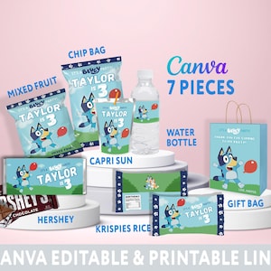 Editable Blue Dog Kids Birthday Party Bundle, Blue Dog Wrapper Kit, Caprisun Chip Bag Rice Krispies Labels, Party Supplies CANVA