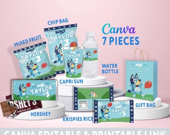 Editable Blue Dog Kids Birthday Party Bundle, Blue Dog Wrapper Kit, Caprisun Chip Bag Rice Krispies Labels, Party Supplies CANVA