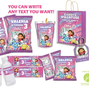 Editable 6 Pieces Gabby Dollhouse Girl Birthday Party Kit, Party Decor Bundle, Party Supplies And Favor, Printable Template