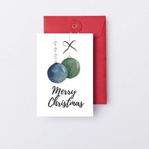 Kerstkaart aquarel, kerstboomballen voor direct afdrukken, kerstkaart