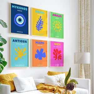 Travel Poster Set of 6, Gallery Wall Set, Printable Wall Art, Preppy Travel poster, Ibiza, Miami, Mykonos, Amalfi, Bondi, Miami. DIGITAL ART