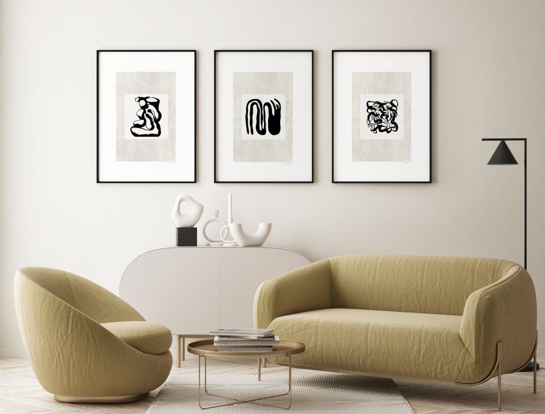 3 Piece Wall Art Set of Abstract Prints, Japandi Wall Art, Gray Black ...