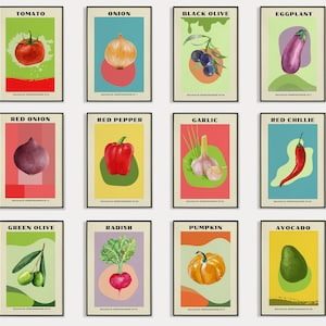 12 Retro Vegetable Art Posters, Bauhaus Gallery Set, Colourful Botanical Prints, Kitchen Wall Art, Mid Century Modern. DIGITAL DOWNLOAD