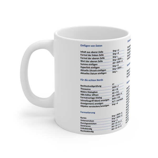 Excel Tasse mit den wichtigsten Tastenkombinationen Shortcuts Schreibtisch Accessoire Geschenk Büro Firma Steuer und Buchhaltung Berater