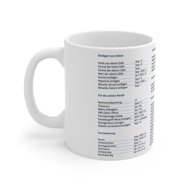 Excel Tasse mit den wichtigsten Tastenkombinationen Shortcuts Schreibtisch Accessoire Geschenk Büro Firma Steuer und Buchhaltung Berater