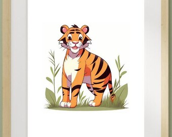 Portrait de tigre vibrant, parfait pour une décoration de chambre d'enfant, A3, 11 × 14 pouces, A4, 8 × 10 pouces, 16 × 20 pouces, Téléchargement instantané, Excellent cadeau, PNG